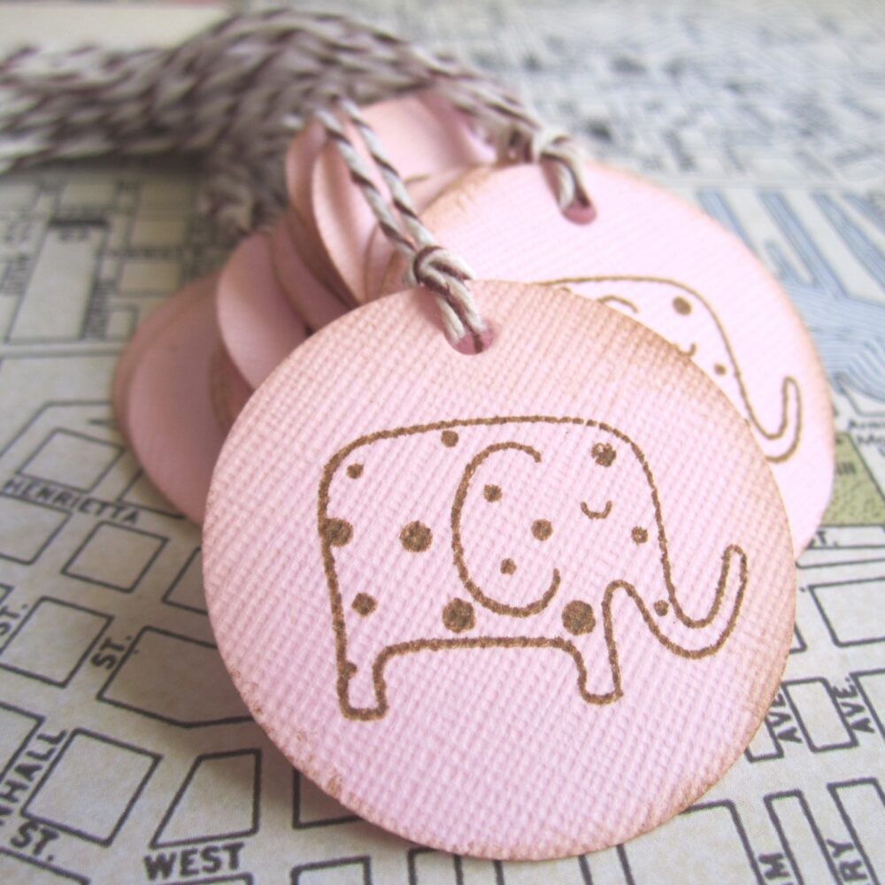 Vintage Elephant Favor Tags in Pink for Birthday or Baby Shower