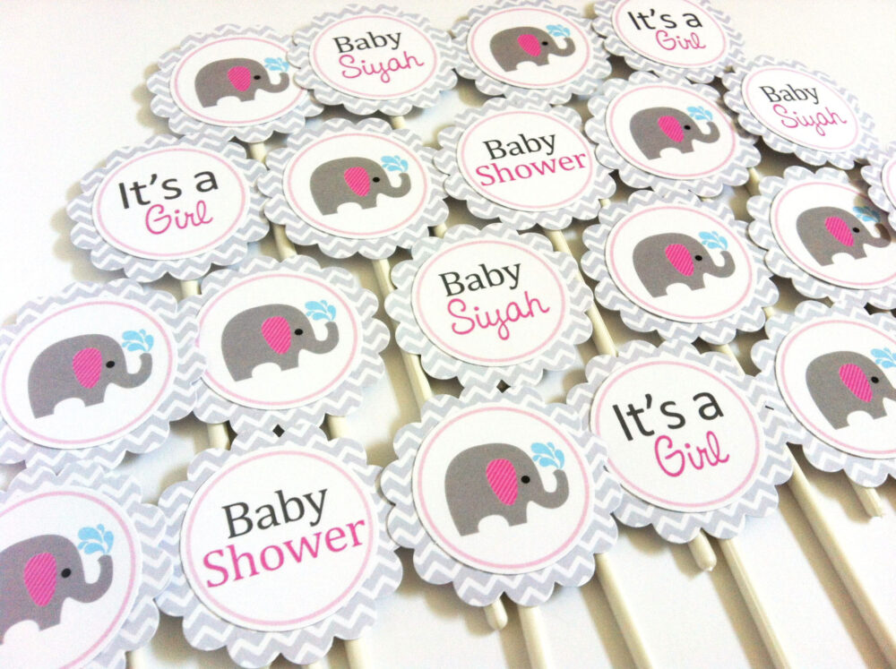 Baby Girl Pink Elephant Cupcake Toppers