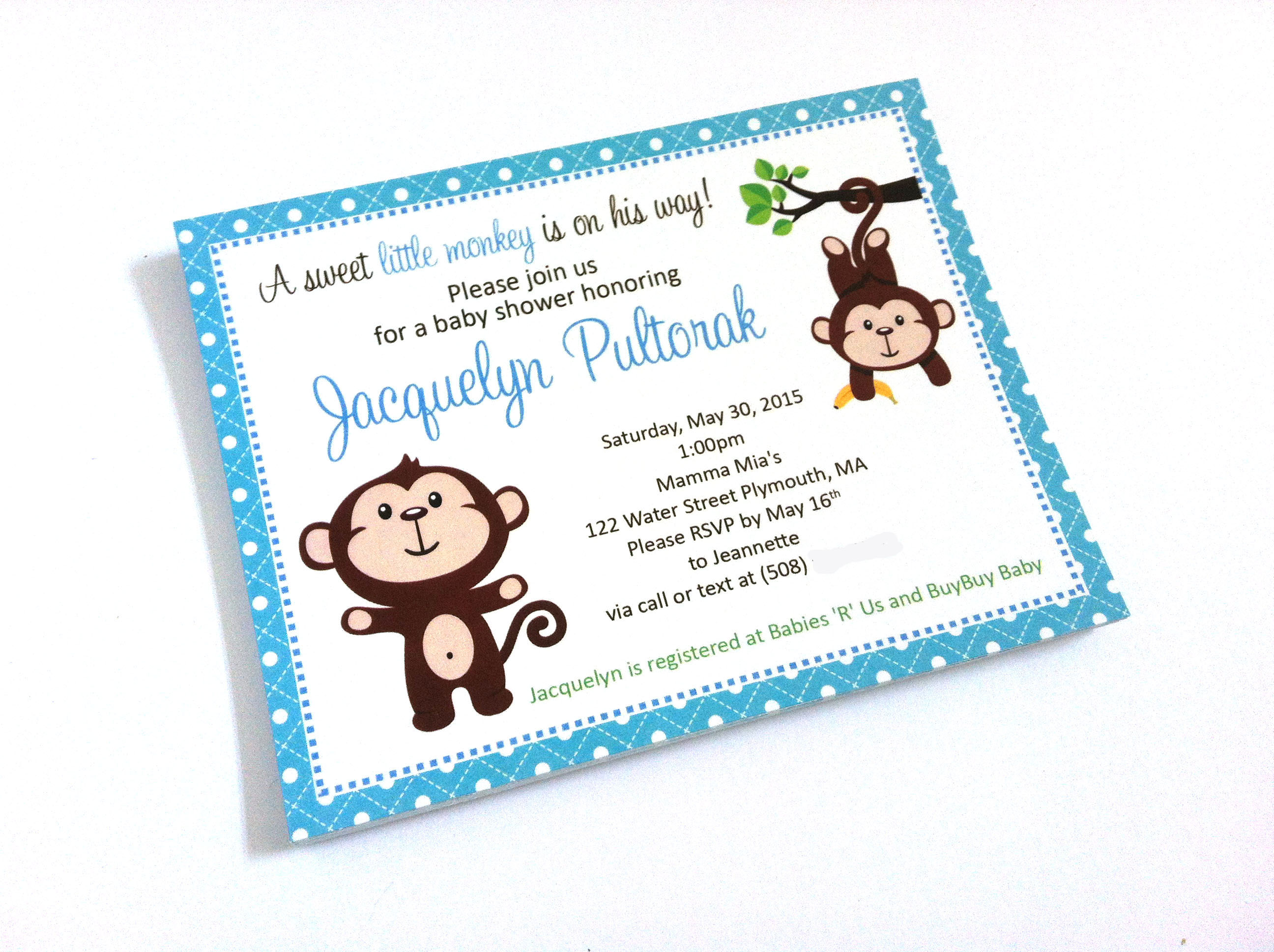 Optional Decorations Cake Topper Favor Tags or Stickers Centerpiece Handmade in USA BCPCustom Thank You Cards Personalized Monkey Baby Shower or Birthday Party Banner for Boy Sign 