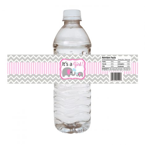 Pink Elephant Water Bottle Labels for Baby Shower