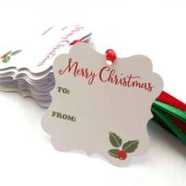 Merry Christmas Holiday Gift Tags with Red and Green Ribbon